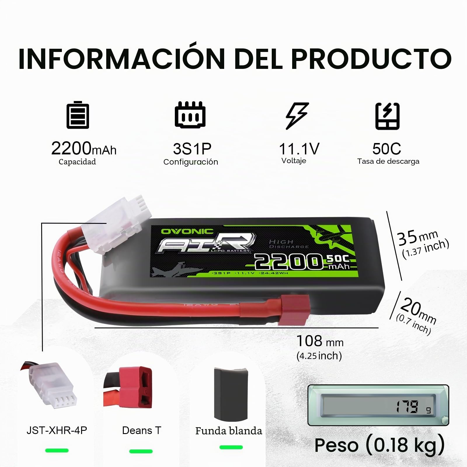 OVONIC 3S Batería Lipo 2200 mAh 50C 11,1 V con Conector Deans para RC Coche Barco Camión Avión Helicóptero Multimotor DIY (2 Unidades)