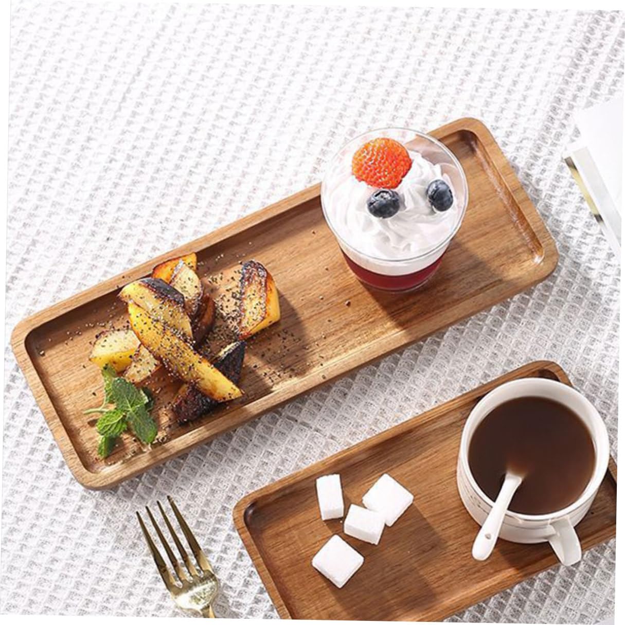 Bandeja de Madera Acacia Rectangular 28x10,5 Cm para Servir Té y Aperitivos, Frutero Decorativo para Mesa, Juego 2 Piezas, Adecuado para Fiestas y Desayuno