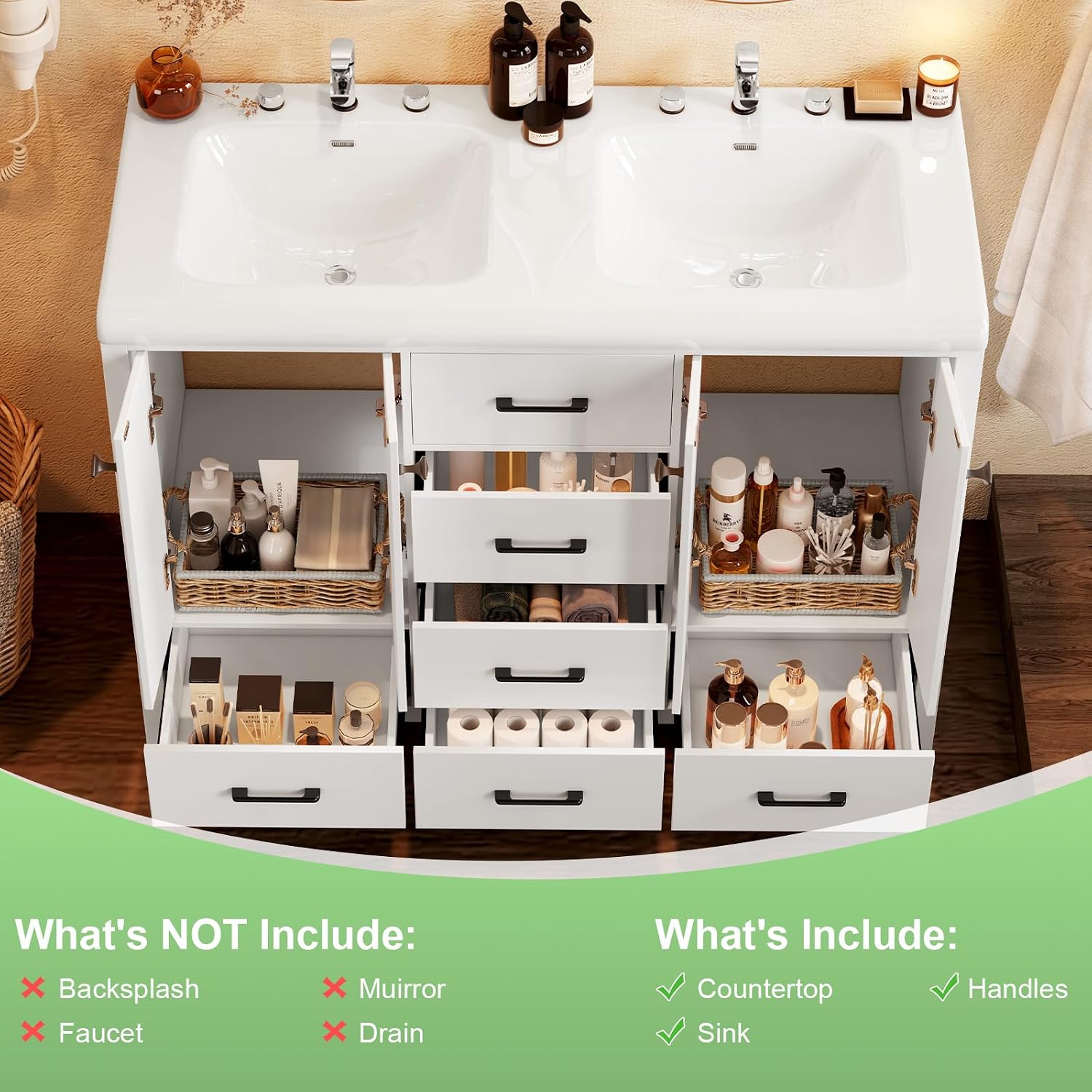 48" White Bathroom Vanity with Double Sink, 47.3" × 19.7" × 35.5" Bathroom Vanity Cabinet with 4 Doors & 6 Drawers, Modern Vanity Set with Ceramic Sinks