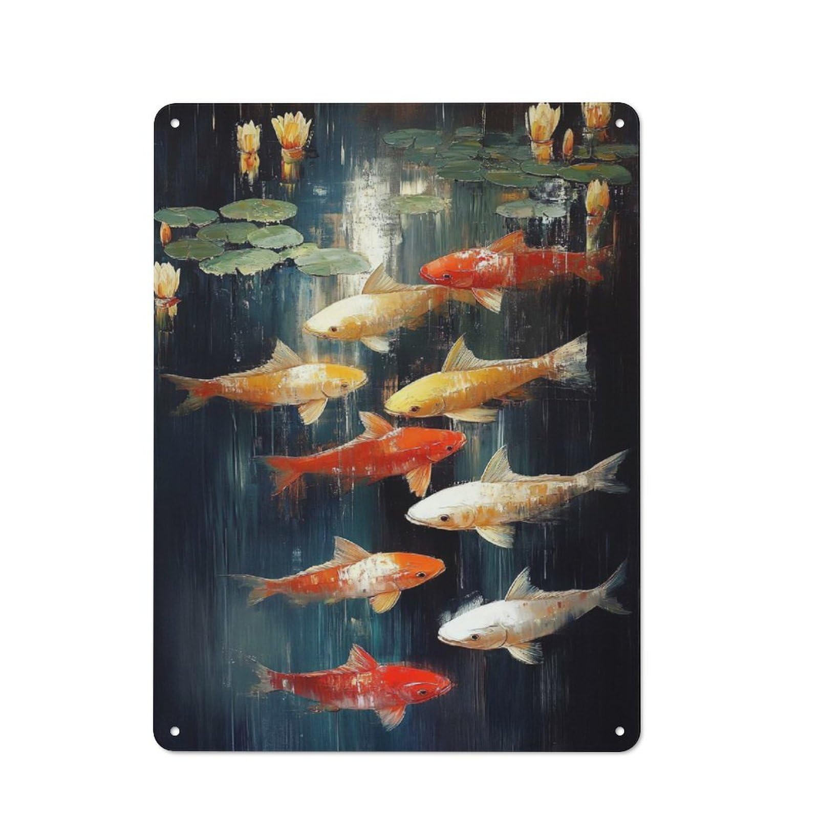 Junmoney Style-21 Koi Fish Pond Painting Rustic Metal Plaque 40X30cm For Café Or Restaurant, Wall Decor For People Reorganising Café And Restaurant