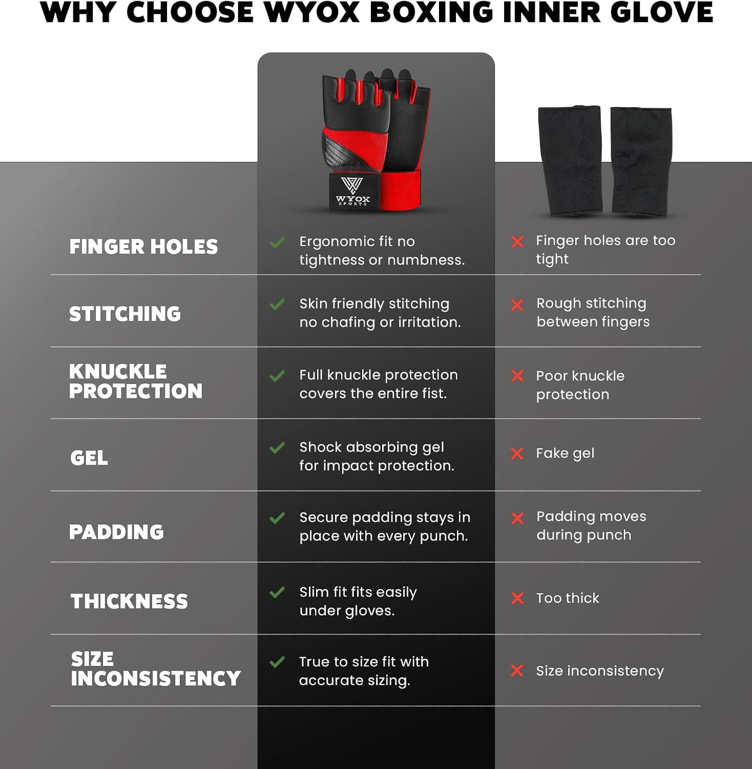 WYOX Gel Boxing Hand Wraps Inner Gloves for Men & Women, 80cm Quick Wrist Straps, Padded Knuckle Protection for Muay Thai Kickboxing, Hand Wraps for Boxing & Martial Arts