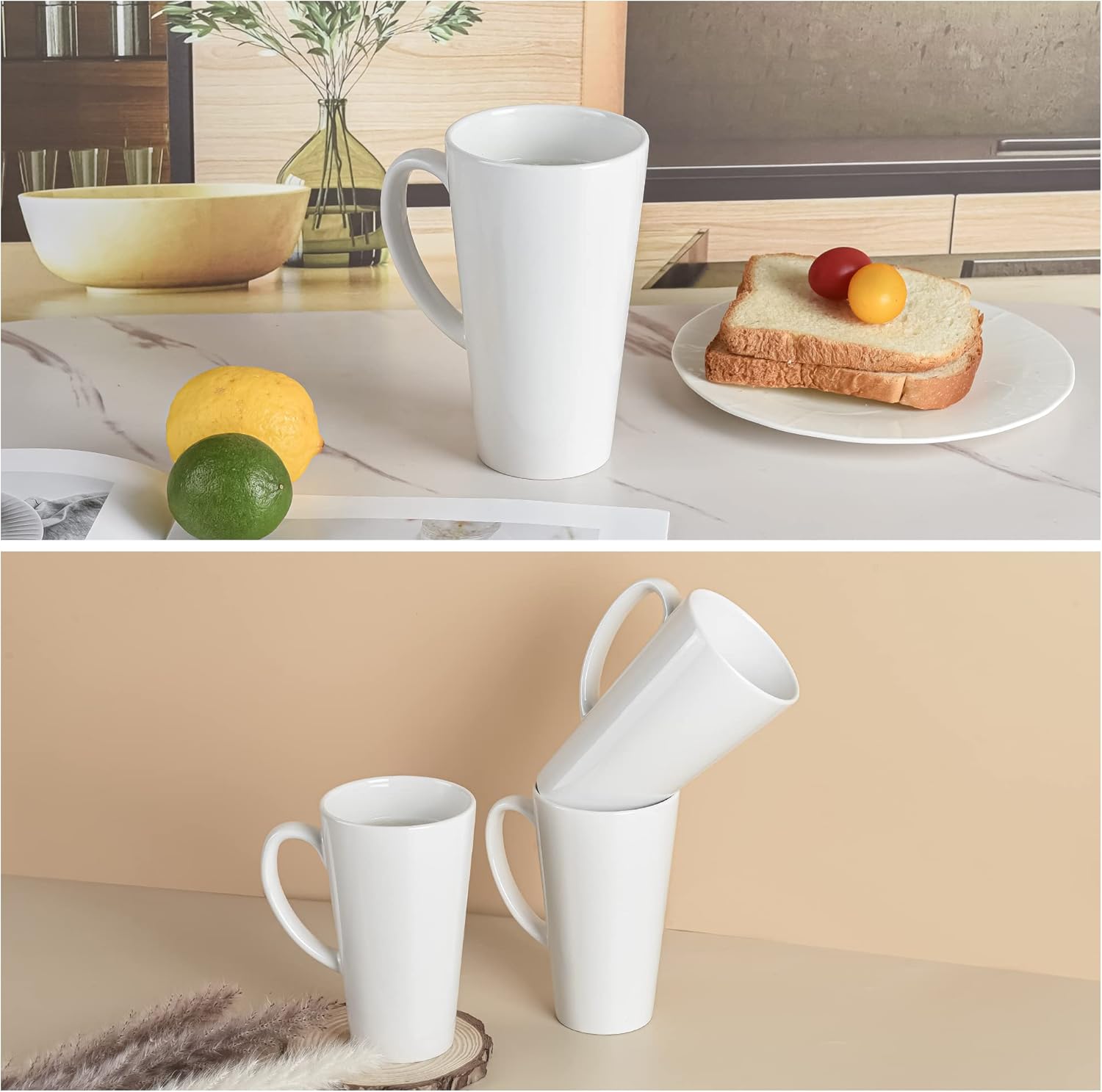 16oz White Funnel Ceramic Tall Coffee Mugs for Coffee, Tea, Cocoa, Latte, Milk set of 4 - Image 4