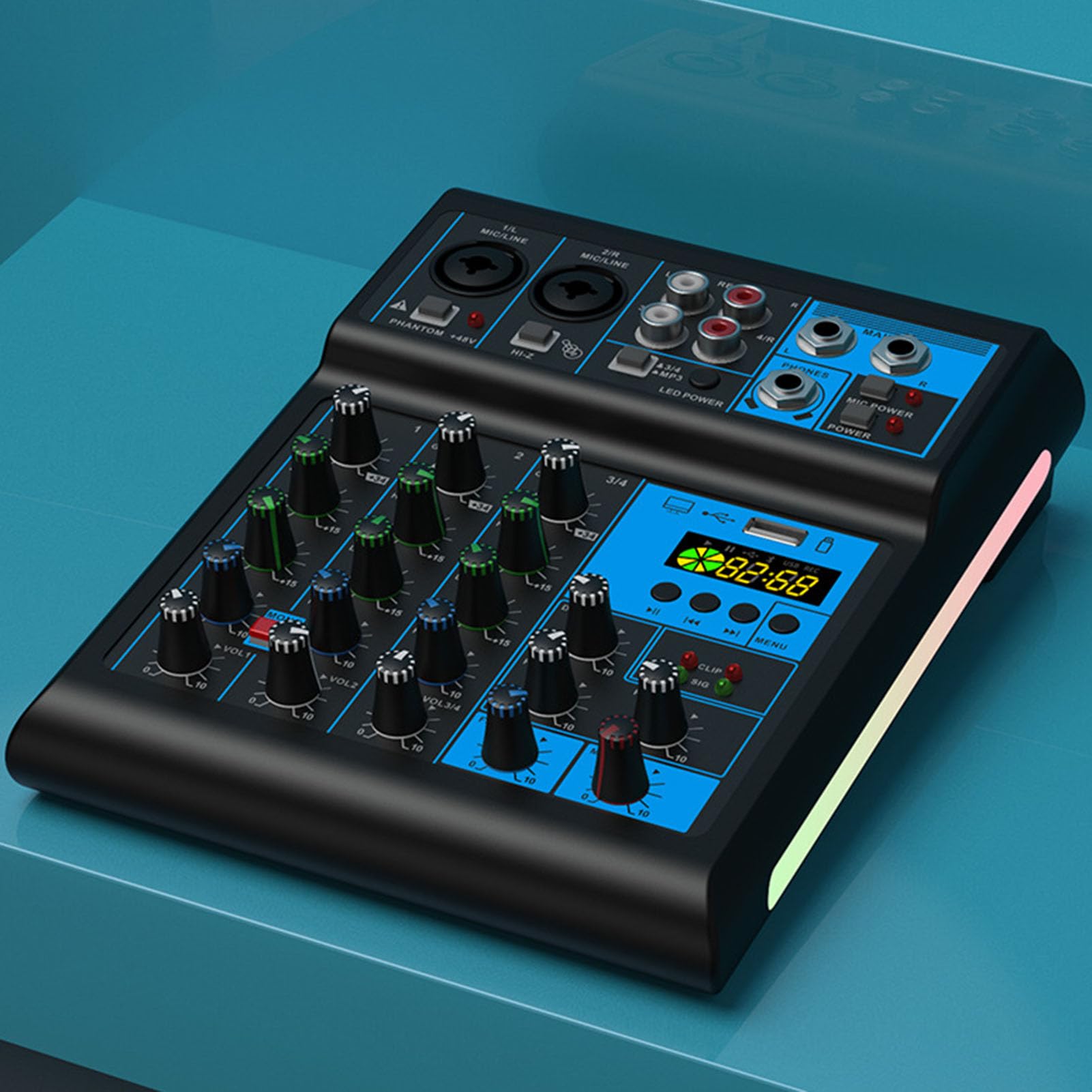 Goshyda Mixer Audio a 4 Canali con Due Microfoni Cordless, Console di Missaggio Audio per Karaoke, Streaming Live, Podcast e registrazione.