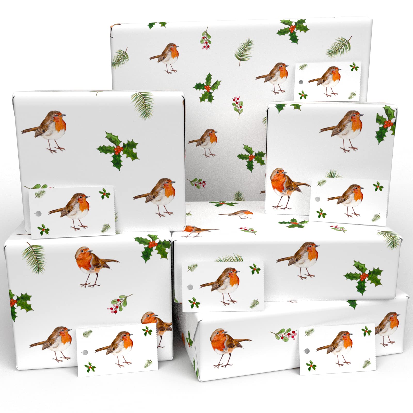 Luxury ECO Xmas Gift Wrap - 6 sheets/tags - Christmas Robins and Holly White - Recycled & Recyclable Wrapping Paper - Re-wrapped
