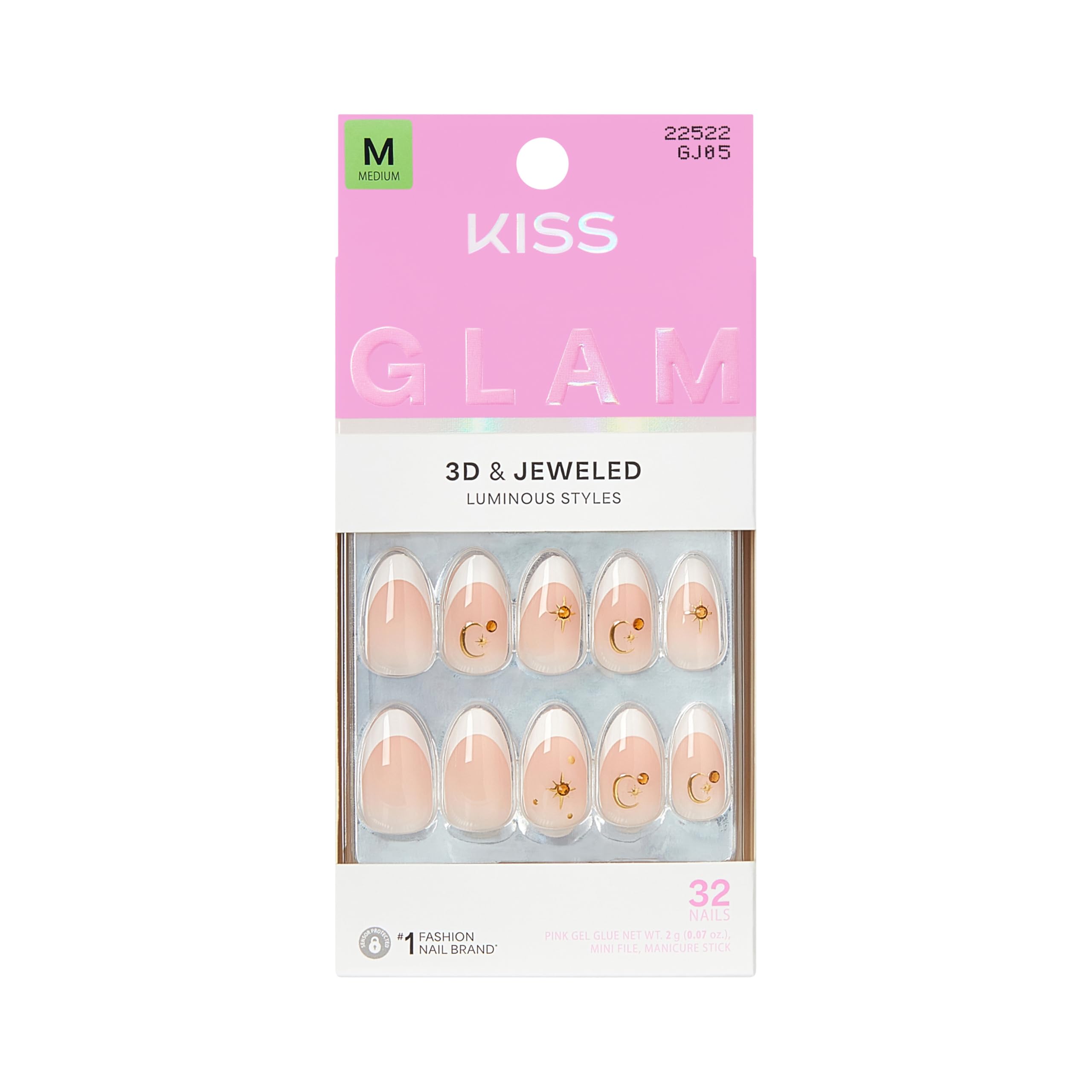 KISS GLAM 3D & Jewel Press On Nails, Nail Glue Included, ‘Zephyr’, Neutral, Medium Length, Almond Shape, Includes 32 Nails, 2g Glue, 1 Manicure Stick, 1 Mini File