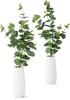 PASCH® Set of 2 eucalyptus artificial in white ceramic vases (45cm): Realistic artificial branches decoration | decorative branches | artificial flowers in pot | artificial flowers in pot: