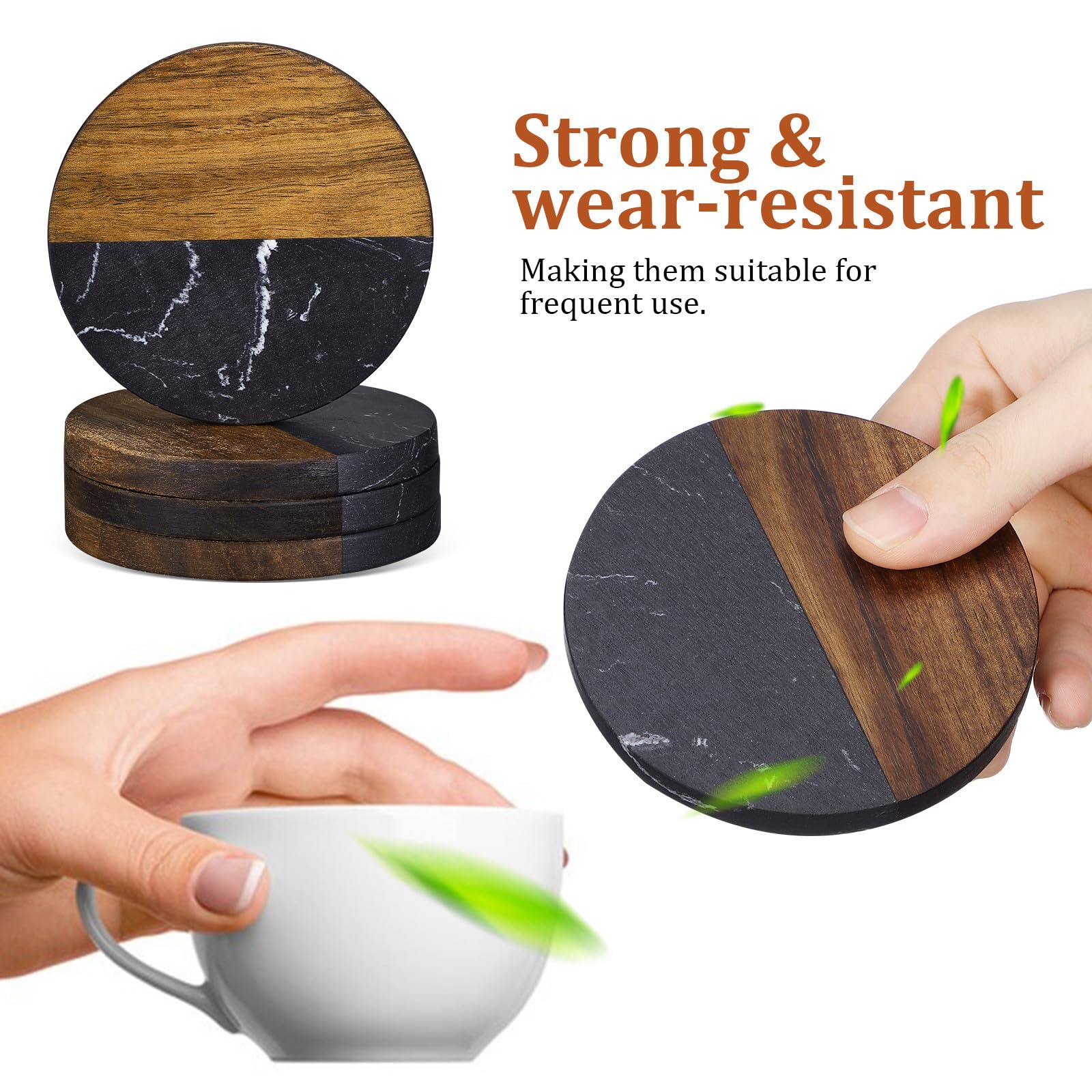 FRCOLOR Set di 4 Sottobicchieri Rotondi in Resina e Legno Stile Giapponese, Resistenti al Calore e Antiscivolo, per Casa, Ufficio e Feste