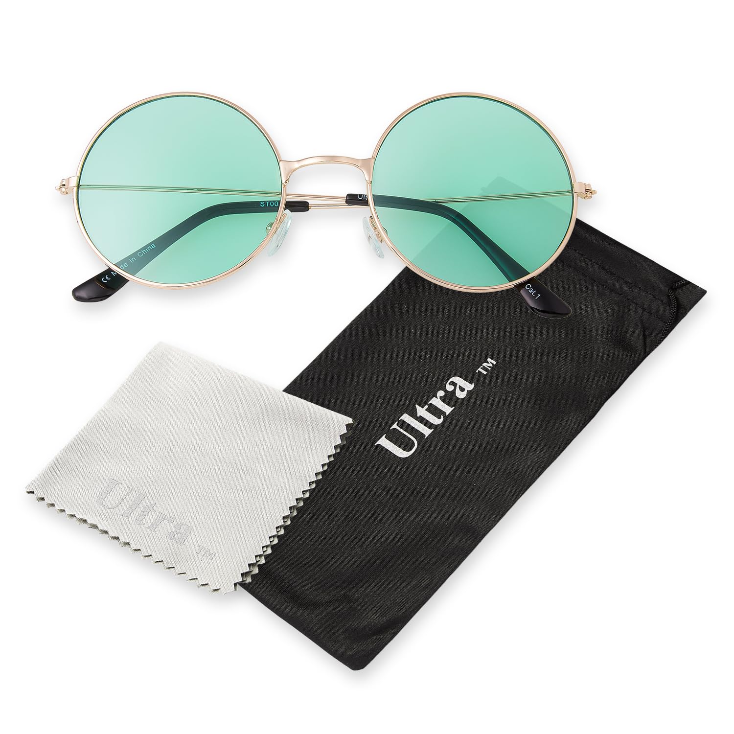 Ultra Large Round Retro Sunglasses UV400 - Large Circle Unisex Metal Frame with Spring Hinges, Carry Pouch & Cleaning Cloth Mens Womens Shades – Gold with Green Lenses