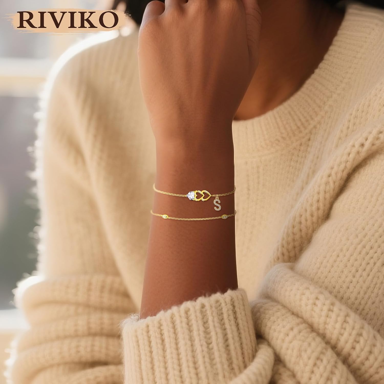 RIVIKO Gold Heart Initial Bracelets for Women,925 Sterling Silver Gold Plated Layered Letter Charm Bracelets,Adjustable Alphabet Personalized Jewelry Christmas Birthday Gifts for Her Wife Mom Friend
