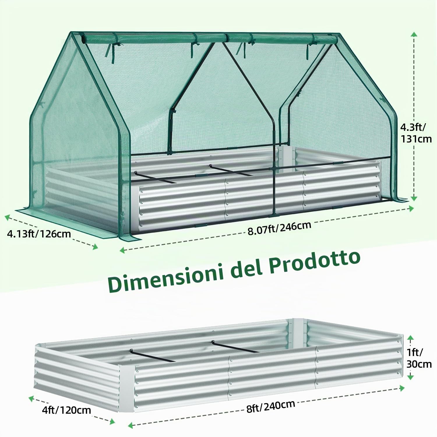 Aiuola Rialzata Metallica 3-in-1 con Serra 240x120x30 cm, Contenitore per Piante in Acciaio Zincato, Kit Serra con 4 Porte, Kit Aiuola per Giardino, Balcone, Coltivazione di Verdure ed Erbe Aromatiche