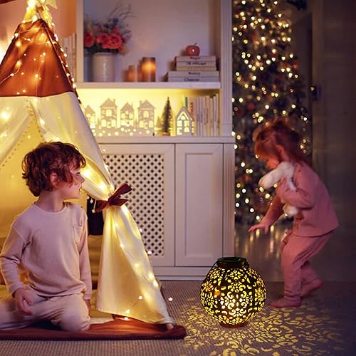 Miniatura 3 de Paquete de 2 faroles solares para exteriores, impermeables, colgantes, faroles solares de jardín retro de color blanco cálido, farol de metal hueco,