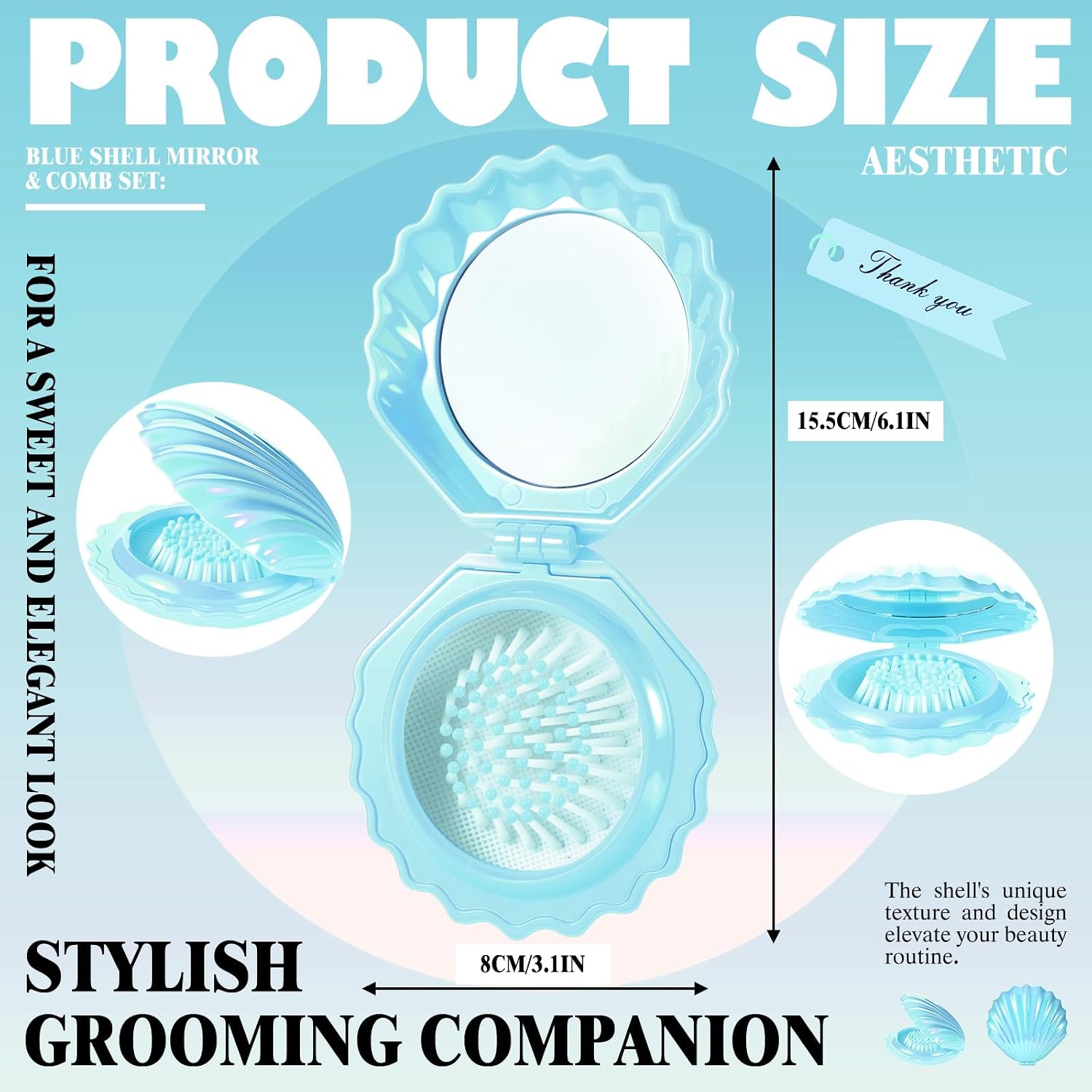 12 Set Shell Shape Pocket Makeup Mirror Mini Foldable Travel Hair Mirror With Thank You Tags Organza Bags Compact Hair Massage Comb for Purse Quinceanera Wedding Bridal Shower Gifts Party Supplie
