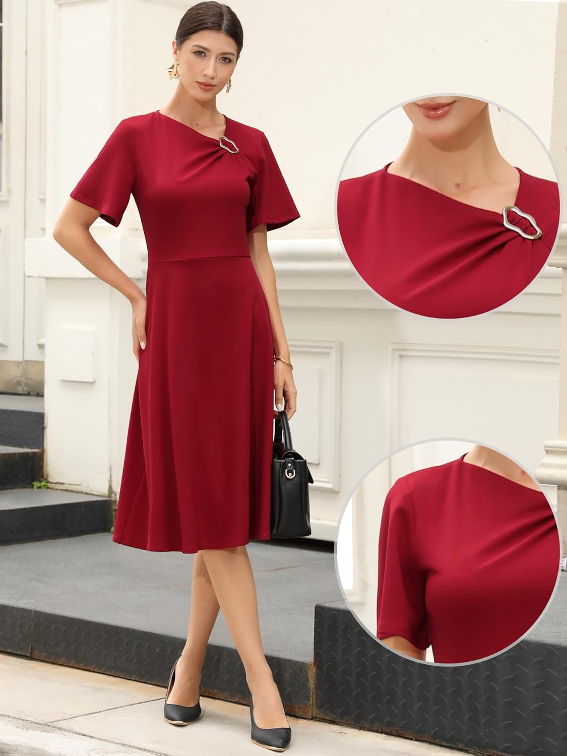 Allegra K Formal Dress for Women Short Sleeve A-Line Work Business Elegant Dresses Wedding Guest Clothes - Image 4