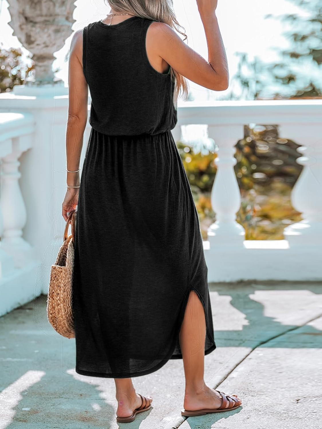 CUPSHE Women Knit Summer Dress Cover Up Crew Neck Elastic Waist Side Slit Midi Casual Sundress Beach Cover Up Dresses - Image 2