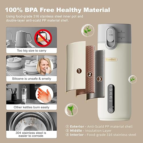 Miniatura 5 de Hervidor eléctrico portátil de viaje enchufable, acero inoxidable 316 de grado alimenticio (300 W13.5 fl oz), hervidor de agua caliente pequeña