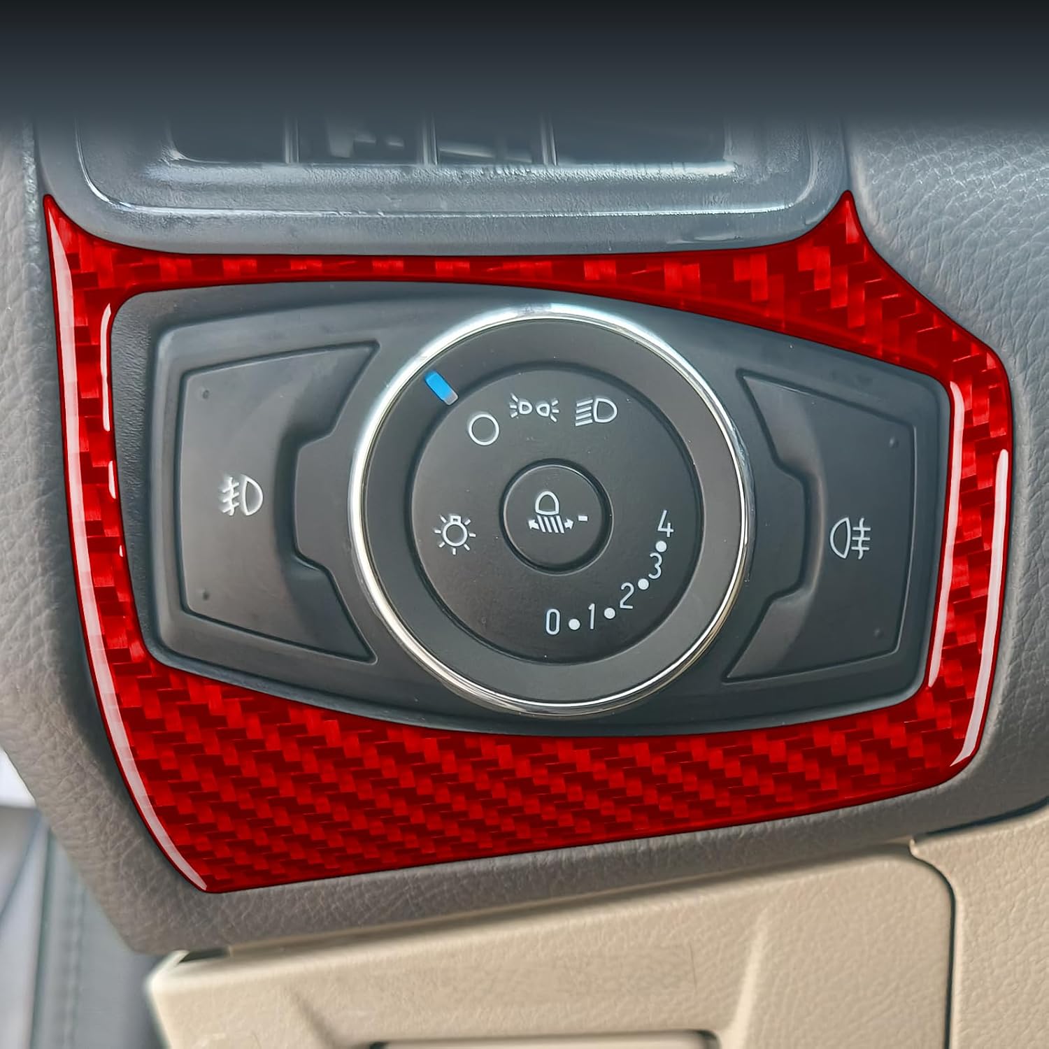 Real Carbon Fiber Car Headlight Switch Red Cover Interior Trim Sticker Decal Accessories 1PC Compatible with Ford Focus C346 ST/RS/S/SE/SEL/Titanium 2012 2013 2014 2015 2016 2017 2018