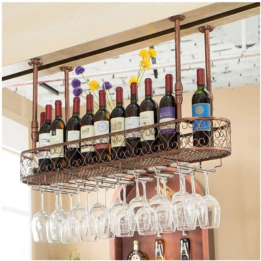 Creative Wine Glass Holder Rack with Cup Holder Upside Down Hanging Wine Glass Holder for KTV Brown 60 * 25cm