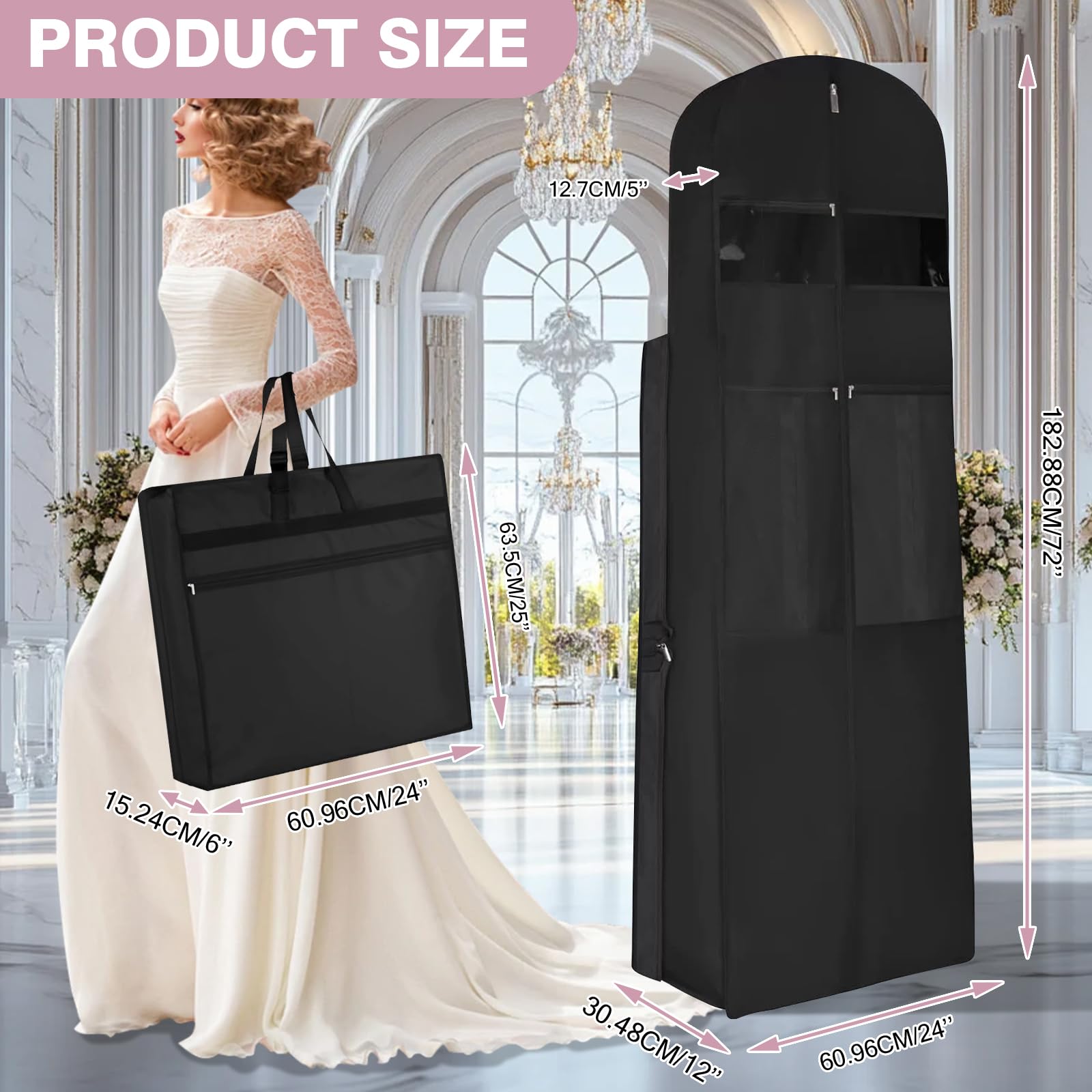 Funda larga para ropa, 182 cm, plegable, para vestido de noche con bolsillos y asas, resistente al polvo, con compartimento para zapatos transpirable para vestidos de noche, vestidos de novia (negro)
