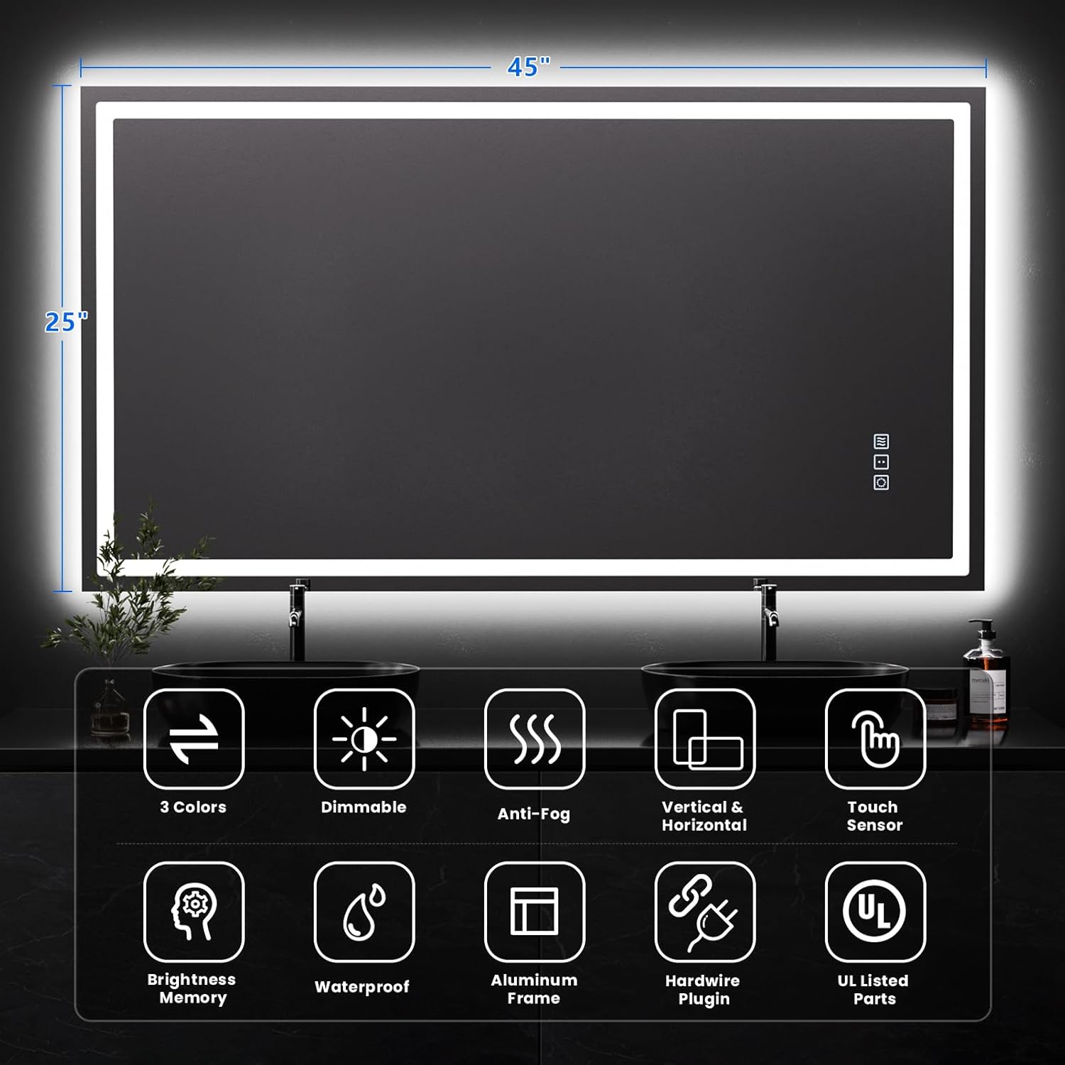 QAOYEDE Bathroom Mirror with Lights 45x25 Inch, LED Mirrors for Bathroom Wall, Front and Backlight, Anti-Fog Dimmable, 3 Color, Shatter-Proof, Horizontal/Vertical, Tempered Glass, UL Recognized