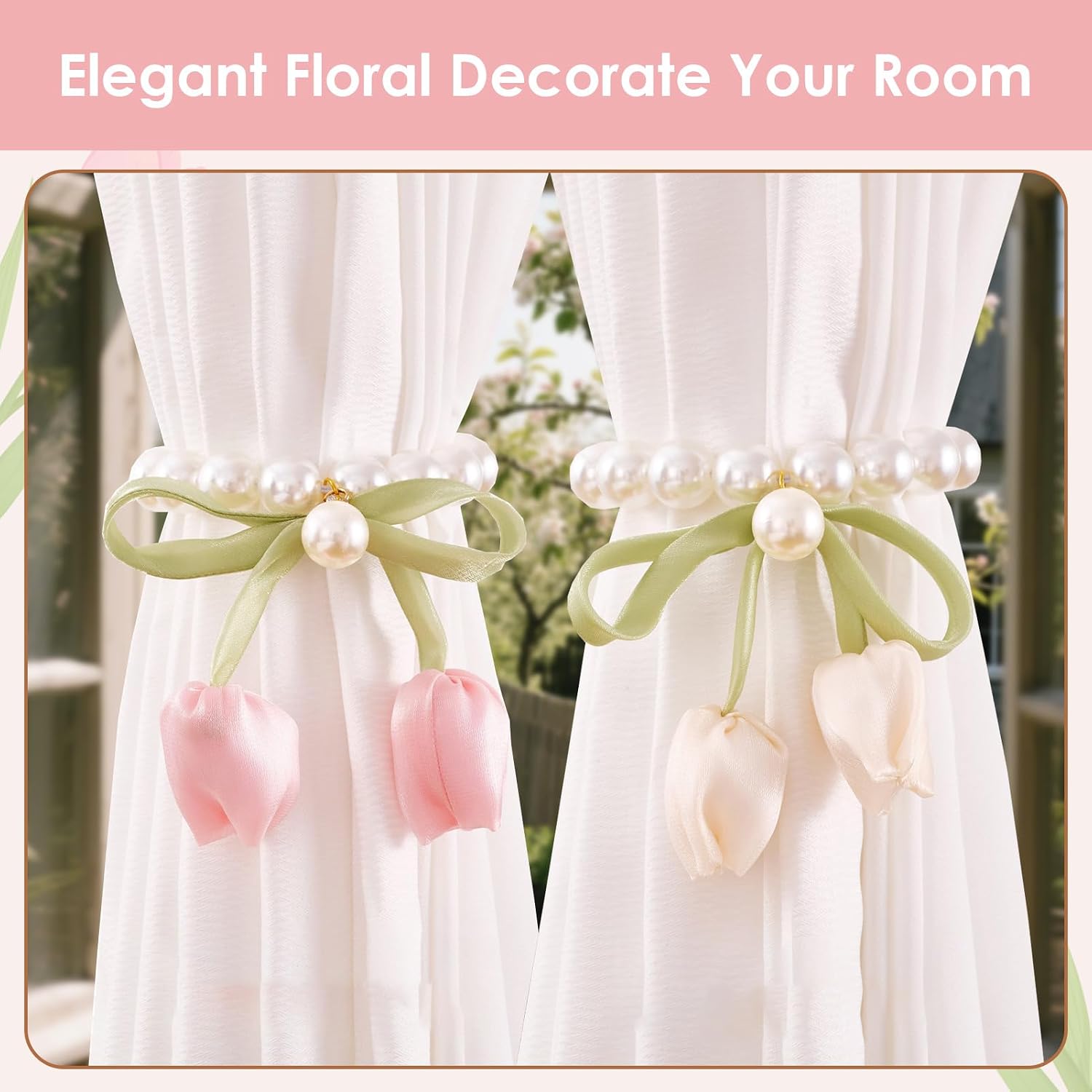 YUEDOUBN Magnetic Curtain Tiebacks, 2 Pack Window Curtain Treatment Holdbacks Tie Back Holders with Pearl Beaded Tulip Flower Tool Free Home Bedroom Office Indoor & Outdoor Decorative Boho Pink