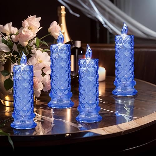Miniatura 7 de Velas LED, paquete de 4 velas a pilas con halo de luz de rosa, velas románticas sin llama para decoraciones de San Valentín y Halloween (azul, 2.5