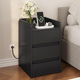 YITAHOME 3 Drawer Bedside Table and Power Station, Modern Bedside Table, Water Resistant Storage Table for Living Room and Bedroom, 35 x 40 x 59 cm (Black)