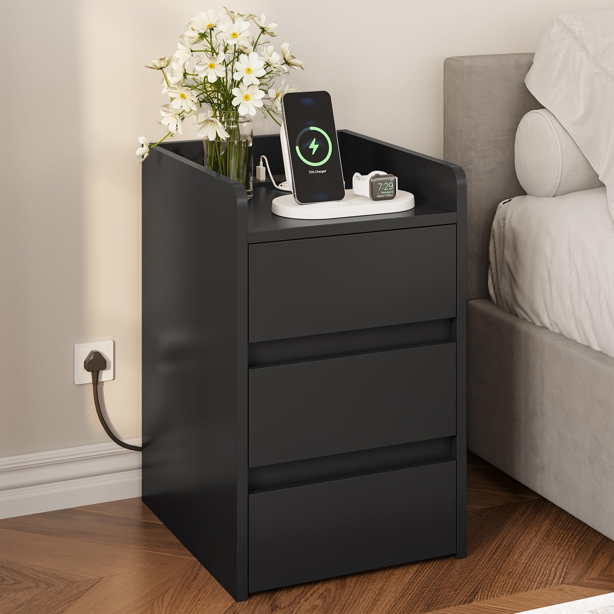 YITAHOME Bedside Table with 3 Drawers and Power Station, Modern Nightstand End Table, Water-Resistant Storage Side Table for Living Room and Bedroom, 35 x 40 x 59cm (Black) — image 1
