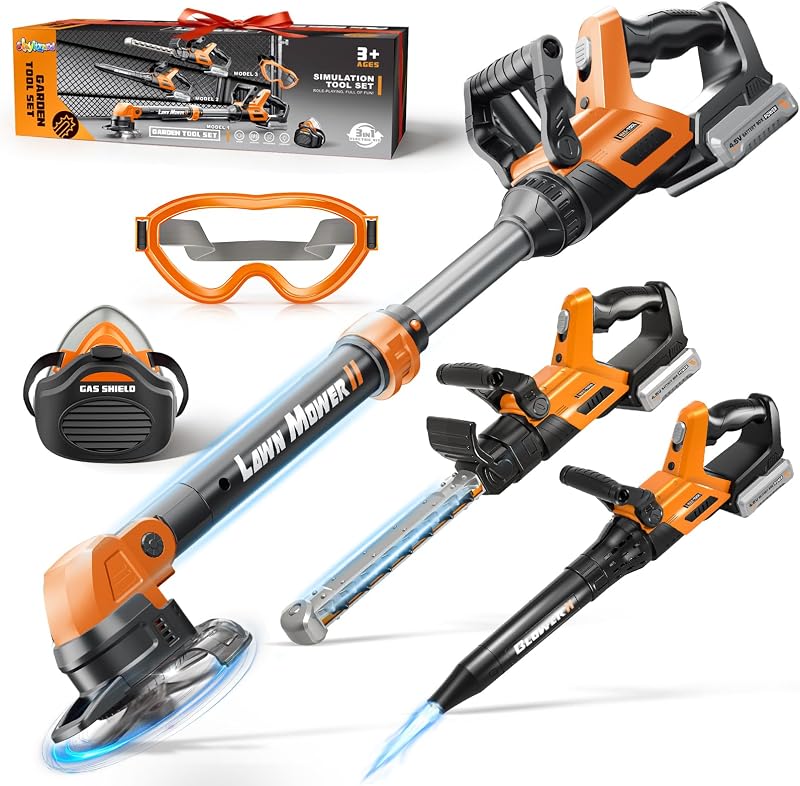 3 IN 1 Kids Tool Set with Kids Weed Wacker,Kids Leaf Blower,Lawn Mower Toy | Toddler Garden Tools with Sounds & Lights, Gardening Toys for Outdoor Yarad Play, Xmas Birthday Gifts for Boys Ages 3-5 6-8