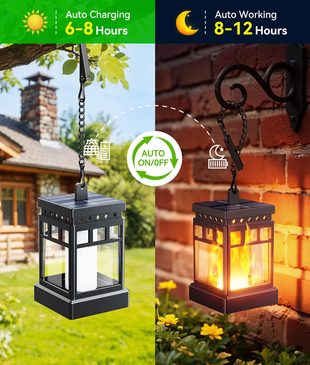 KOOPER Faroles solares colgantes para exteriores, impermeables, 4 luces solares colgantes de llama parpadeante para exteriores, linternas solares para exteriores de hasta 12 horas, linternas