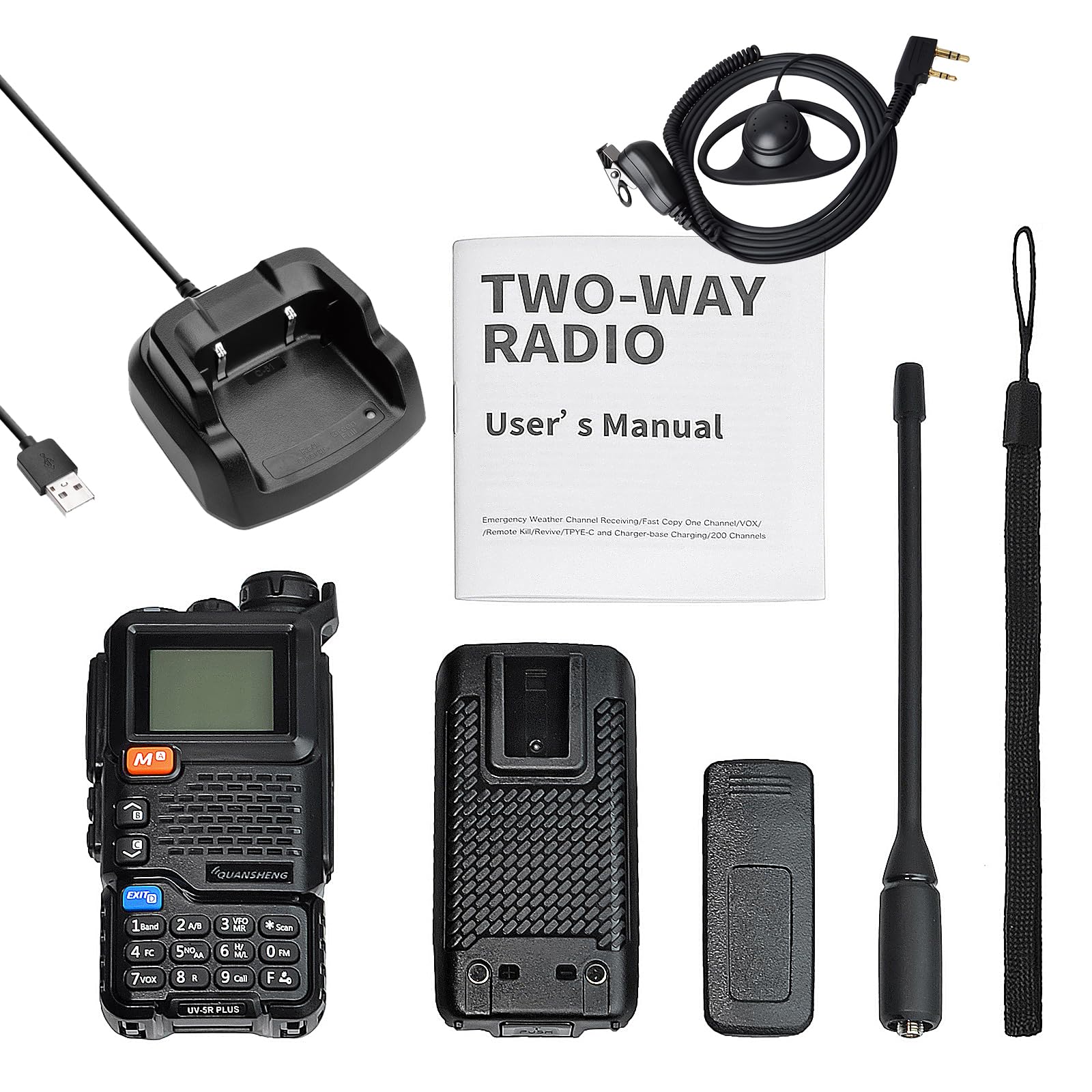 QUANSHENG UV-5RPLUS Funkgerät 5W Walkie Talkie großer Reichweite Wiederaufladbare Handfunkgerät für Erwachsene Polizei Radio mit FM, NOAA, Typ-C Ladung, 200 Kanäle (UV-5RPLUS mit D Form Ohrhörer)