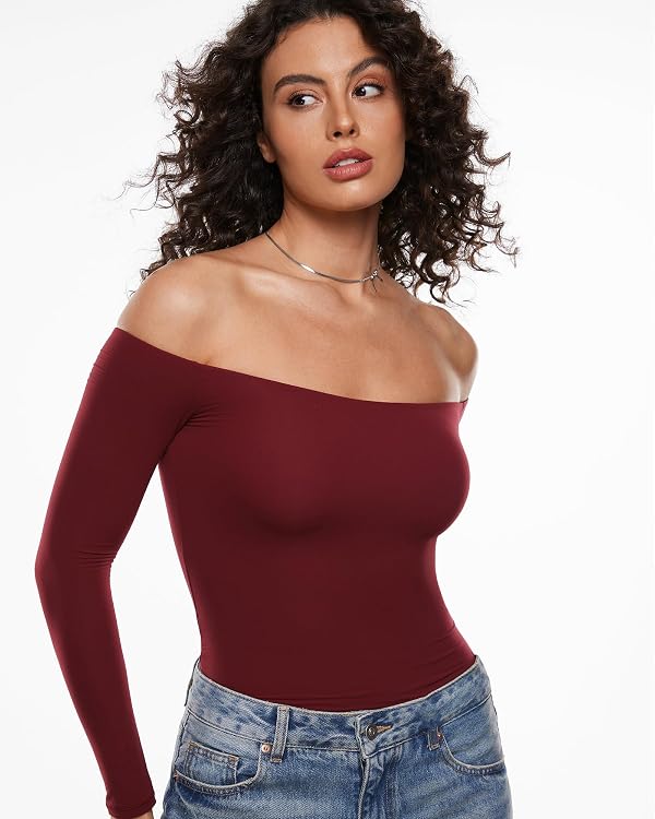 INLYRIC Women's Inbarely Soft Off The Shoulder Double Lined Long Sleeve Tops Going Out Slim Fitted Sexy Trendy T-Shirts Ancora Red Medium by INLYRIC - Used condition - Image 3