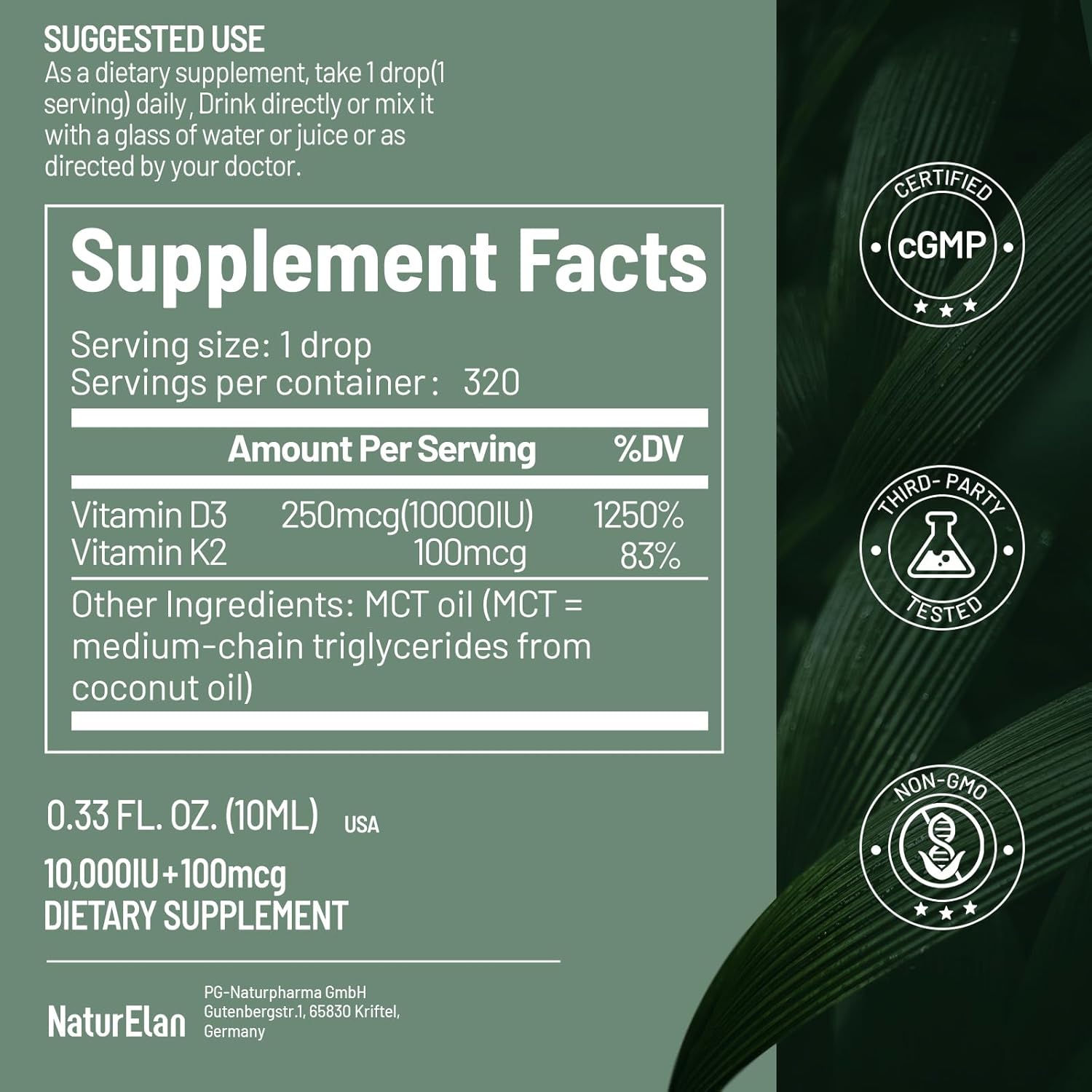 Organic Vitamin D3 K2 Drops with MCT Oil, 10,000 IU Vitamin D Liquid Drops + 100mcg K2(MK-7), 320 Servings, Supports Bone, Immune, Heart & Teeth Health, Third-Party Tested, Vegan, Non-GMO, Gluten Free - Image 6