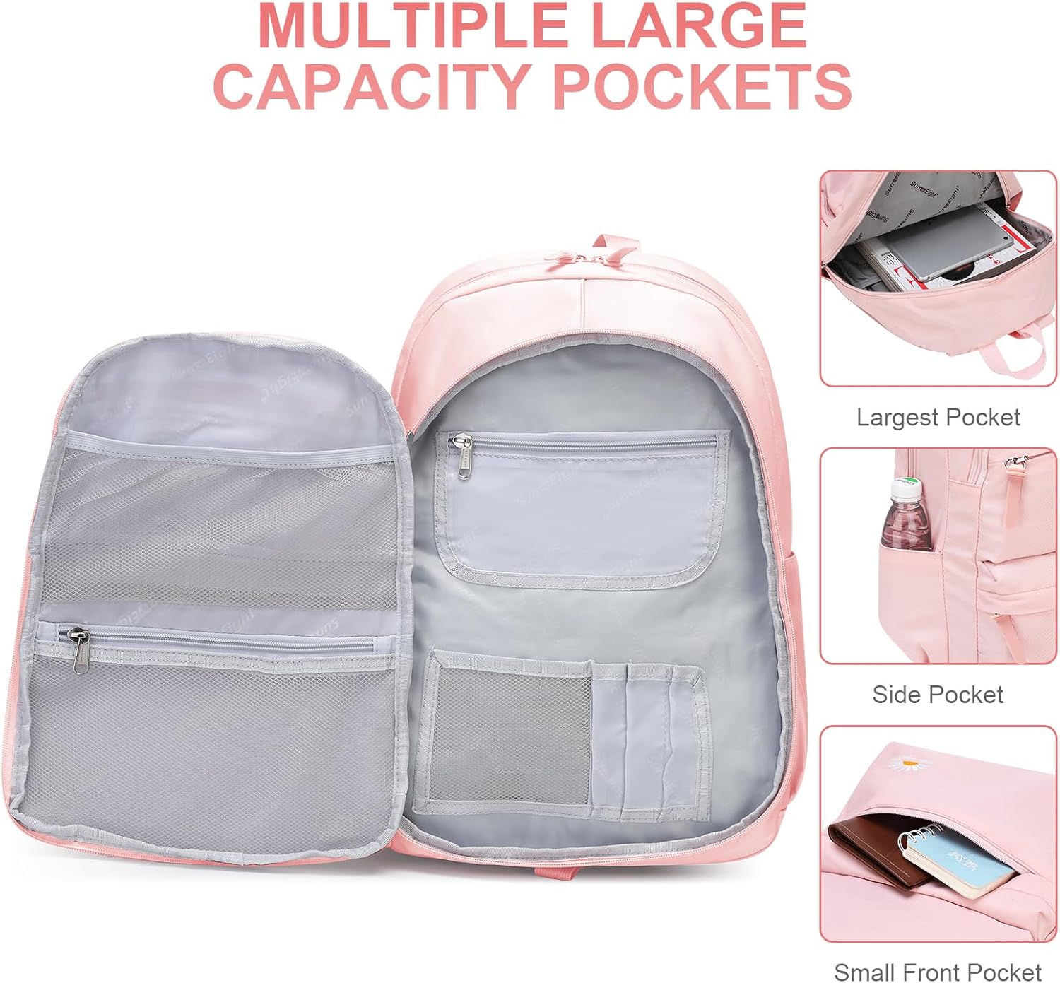 Caran·Y 38L Waterproof Kids Backpack with 15.6-Inch Laptop Compartment-Lightweight Large Capacity School Backpack for Boys & Girls Ages 6-18,Travel with Side Water Bottle Pockets(Pink) - Image 5