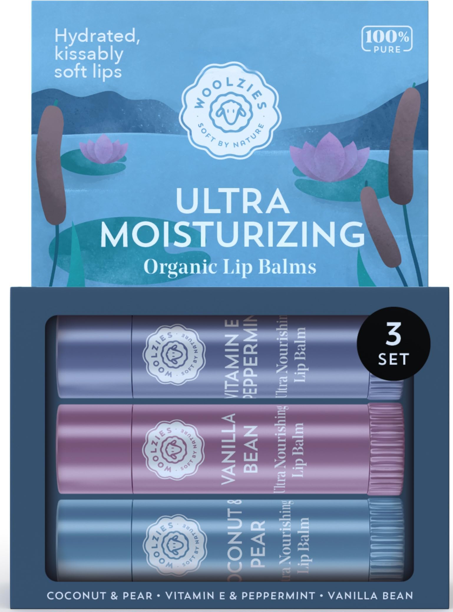 Lip Balm Set: All-Natural Shea Butter, Beeswax, Coconut Oil, Vitamin E Infused Lip Moisturizer Care (3 Pack, Ultra Moisturizing)