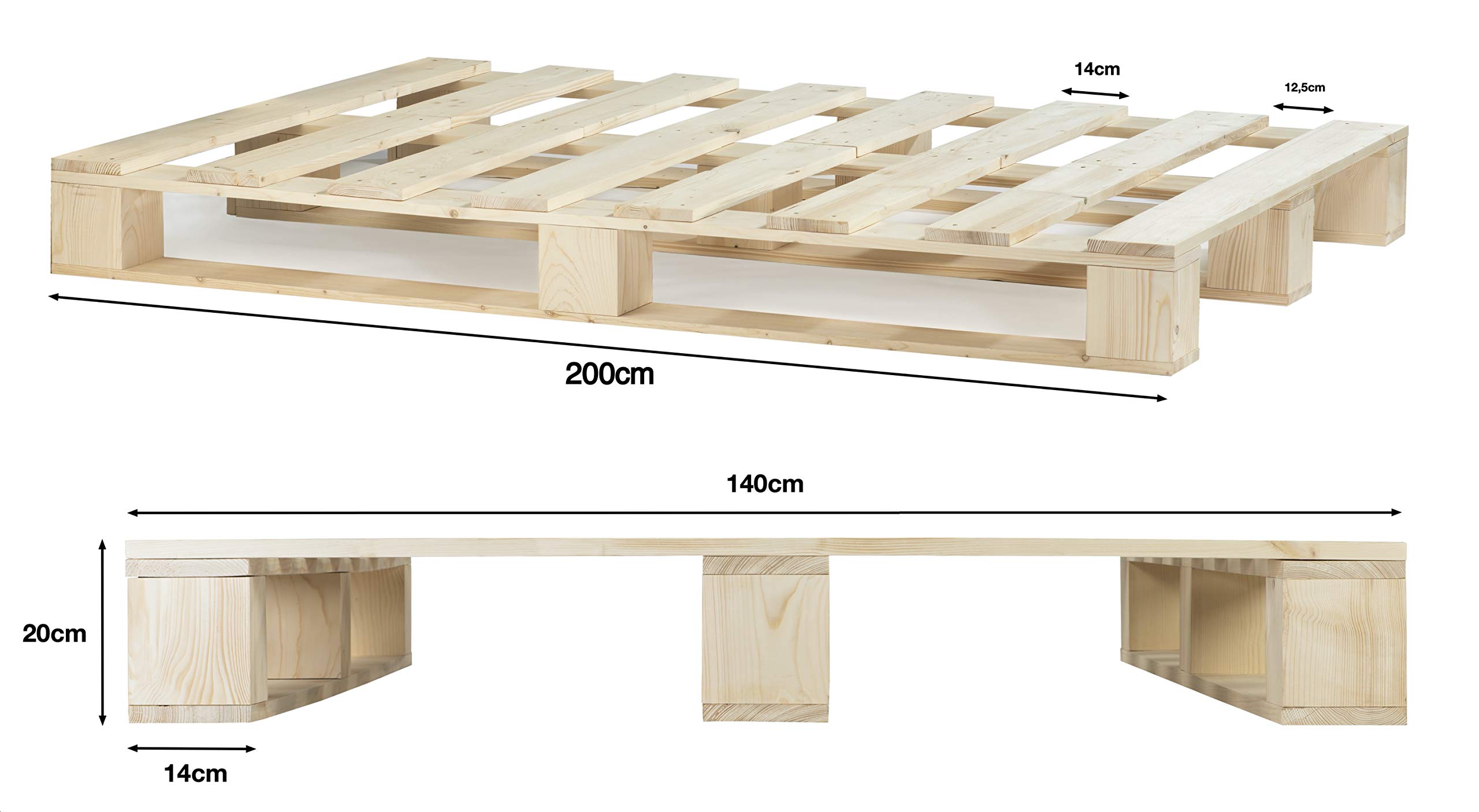 sunnypillow 140x200 cm Palettenbett aus Holz Holzbett Massivholzbett Bett aus Paletten Palettenmöbel Naturholz Fichte europalette 80 90 100 120 140 160 180 200 220 240 x 200 cm