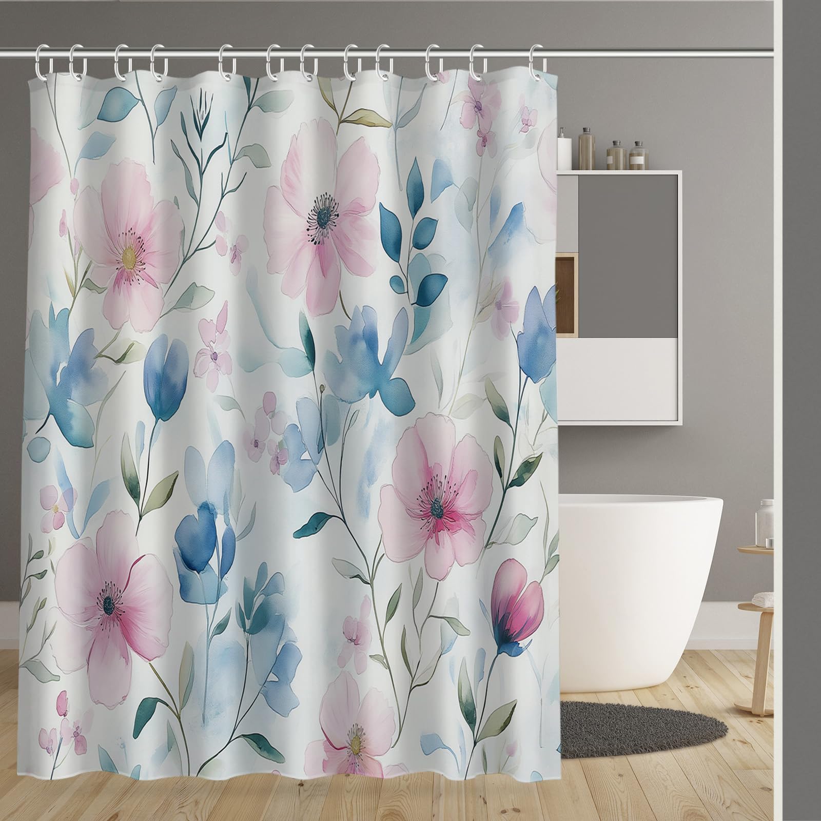 Rideau de douche polyester tissu lavable en machine 180x180cm avec 12 crochets de baignoire