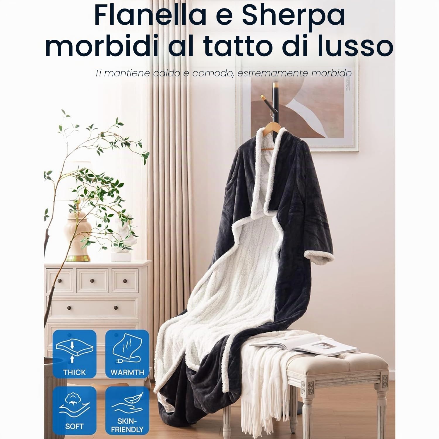 Coperta riscaldante con maniche, 130 × 180 cm, 10 livelli di calore, fino a 12 ore di spegnimento automatico, in flanella lavabile, adatta per casa e ufficio, coperta elettrica per letto e
