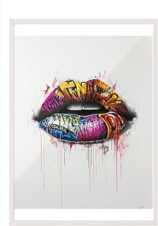 Zestia Beyaz Çerçeveli Tablo, Graffiti Dudaklar, Renkli Yazı Efekti, Urban Art Poster No: 106599 50 x 70