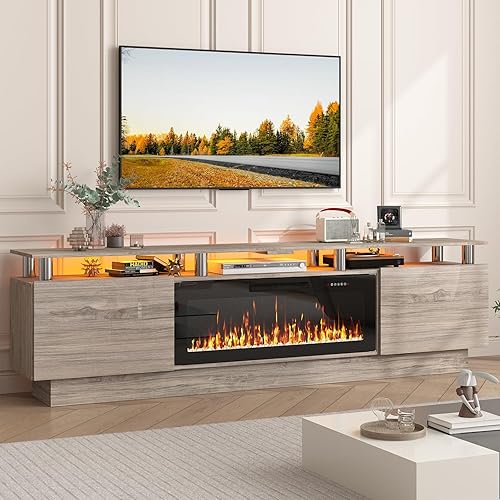 Miniatura 18 de PUKAMI - Soporte de TV con chimenea de 70 pulgadas, con chimenea eléctrica de 36 pulgadas, centro de entretenimiento con luz LED y almacenamiento,