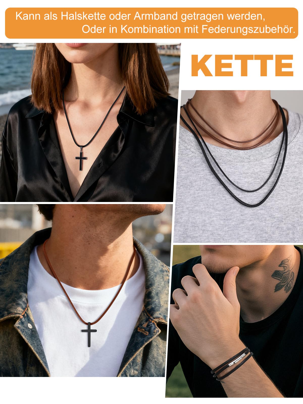 Richsteel Lederkette Herren Leder Halskette Choker für Damen 2/3mm breit Schwarz/Braun mit Drehverschluss Schmuck 40/46/50/56/61/66/71/76 cm Geeignet für Männergeschenke