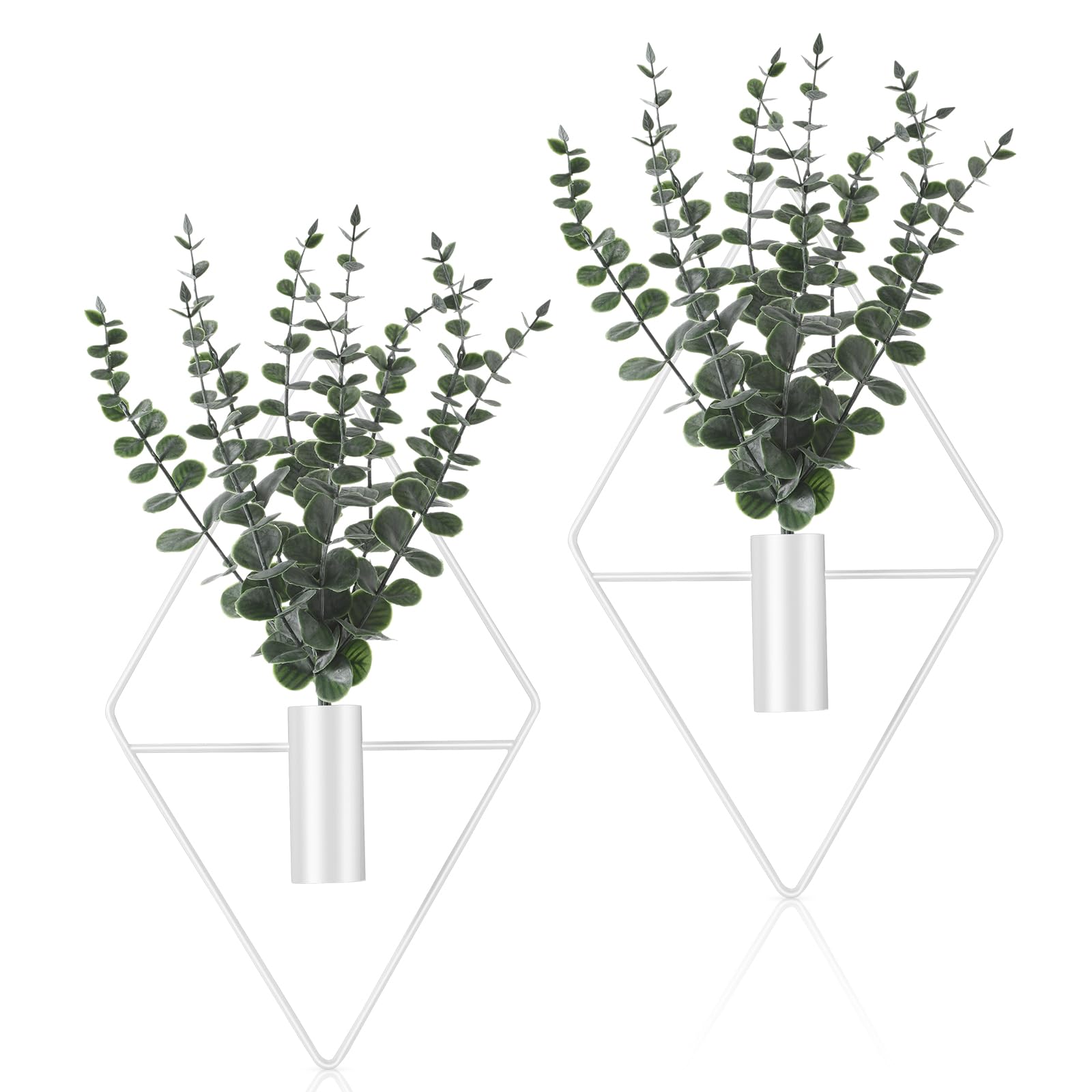 Jexine 4 Pcs Hanging Planters with Artificial Eucalyptus Metal Hanging Vase Indoor Plants Holder Modern Geometric Boho Bathroom Wall Decor for Living