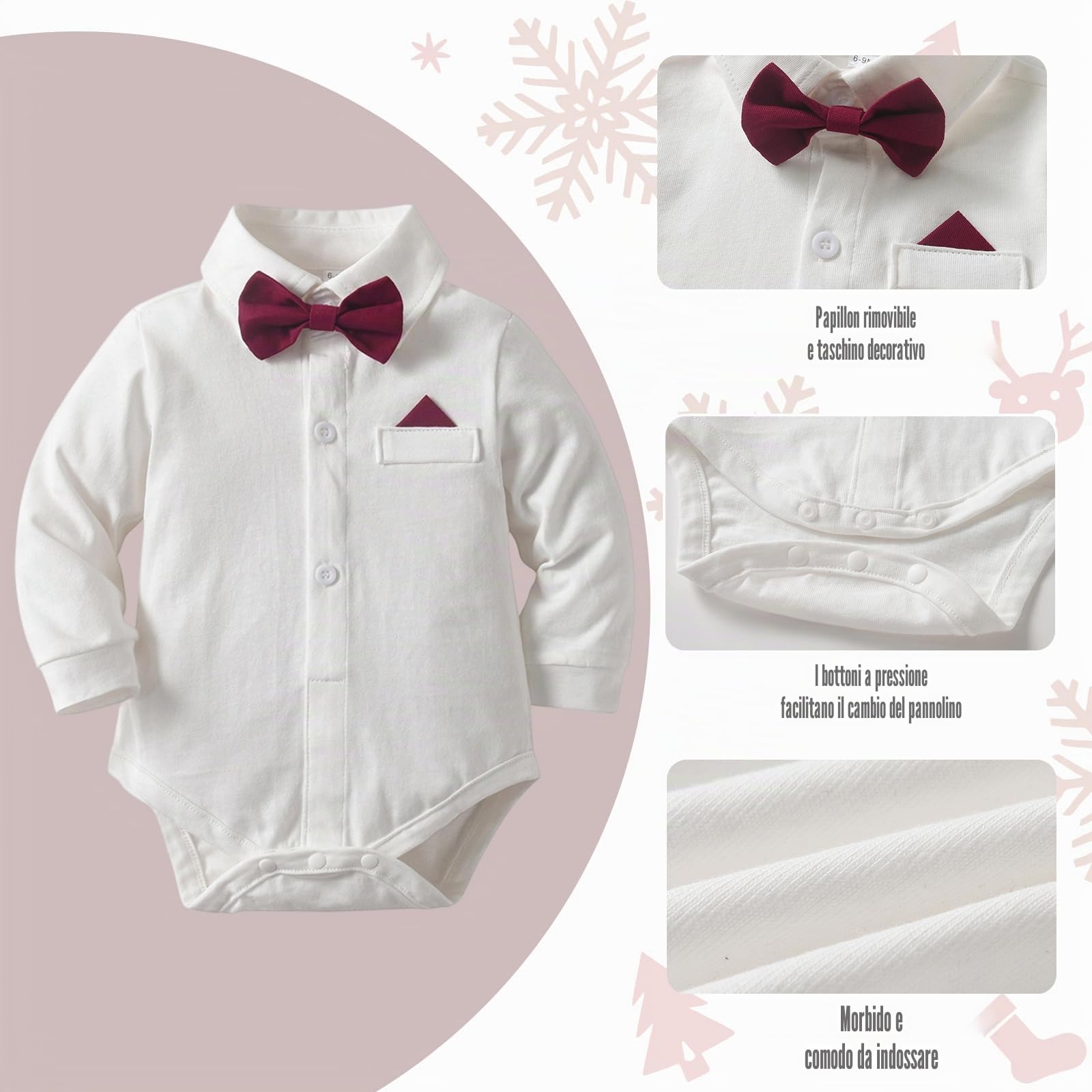 Tuta Elegante da Gentiluomo per Neonato con Bretelle, Pantaloni, Papillon e Coppola Abbigliamento Natalizio per Feste 6-24 Mesi
