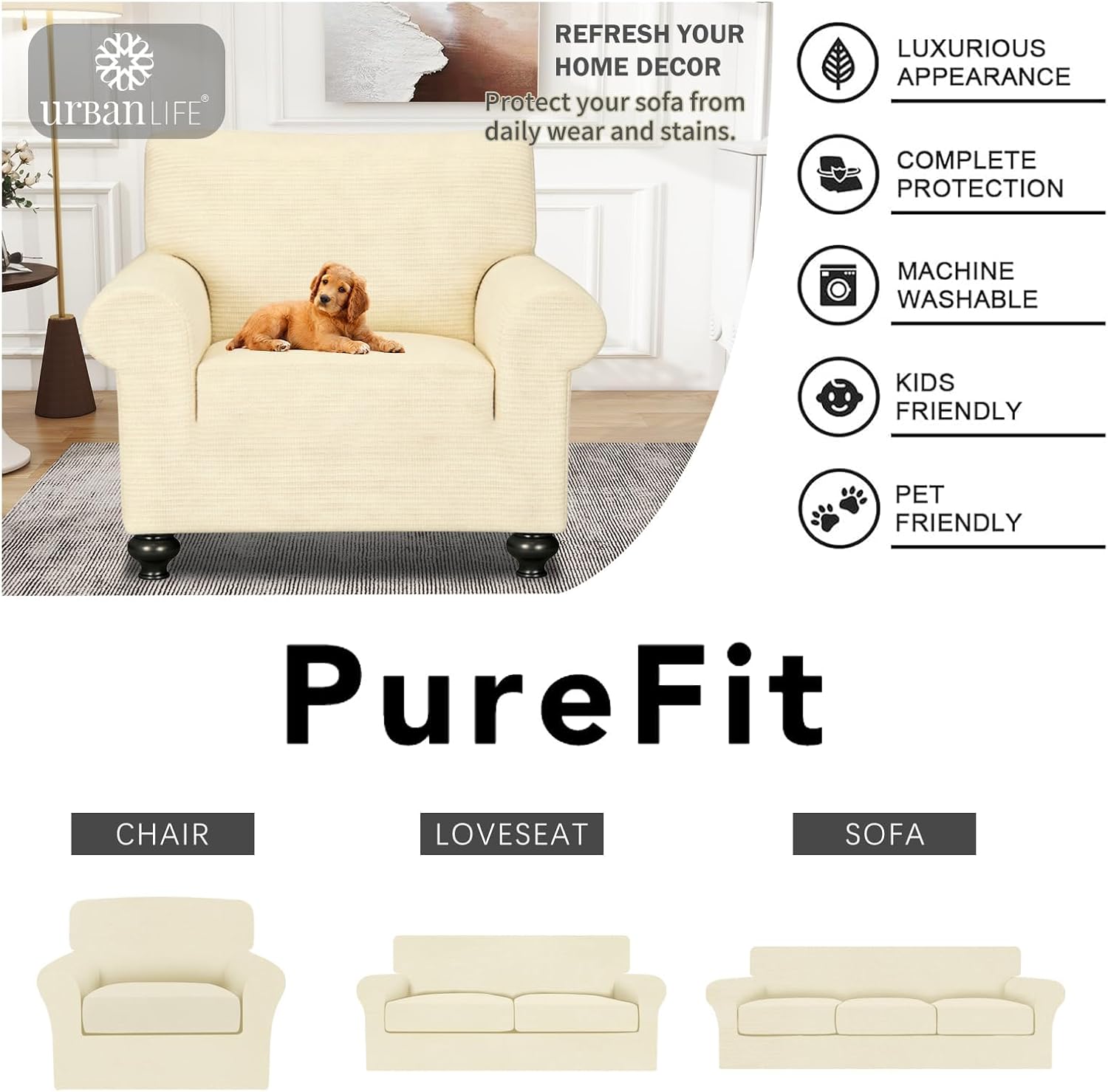 URBANLIFE 1-Piece Stretch Sofa Slipcovers for 1 Cushion Single Seat Sofa & Oversized Chair Slipcover, Super Stretch Spandex Non-Slip Cover with Elastic Bottom, Machine Washable, Cream