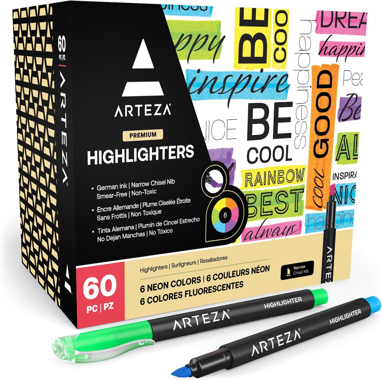 ARTEZA Highlighters – Set of 60 Assorted Neon Colors with Narrow Chisel Tips, Quick-Dry Ink for School, Office, Journaling & Note-Taking