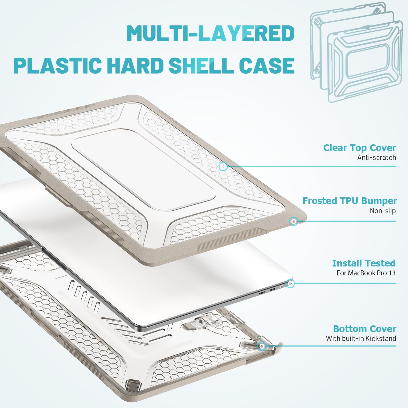 Custodia Hybird compatibile per MacBook Pro 13" 2022/2020/2018, guscio rigido classico in PC a nido d'ape + custodia in TPU con cavalletto pieghevole