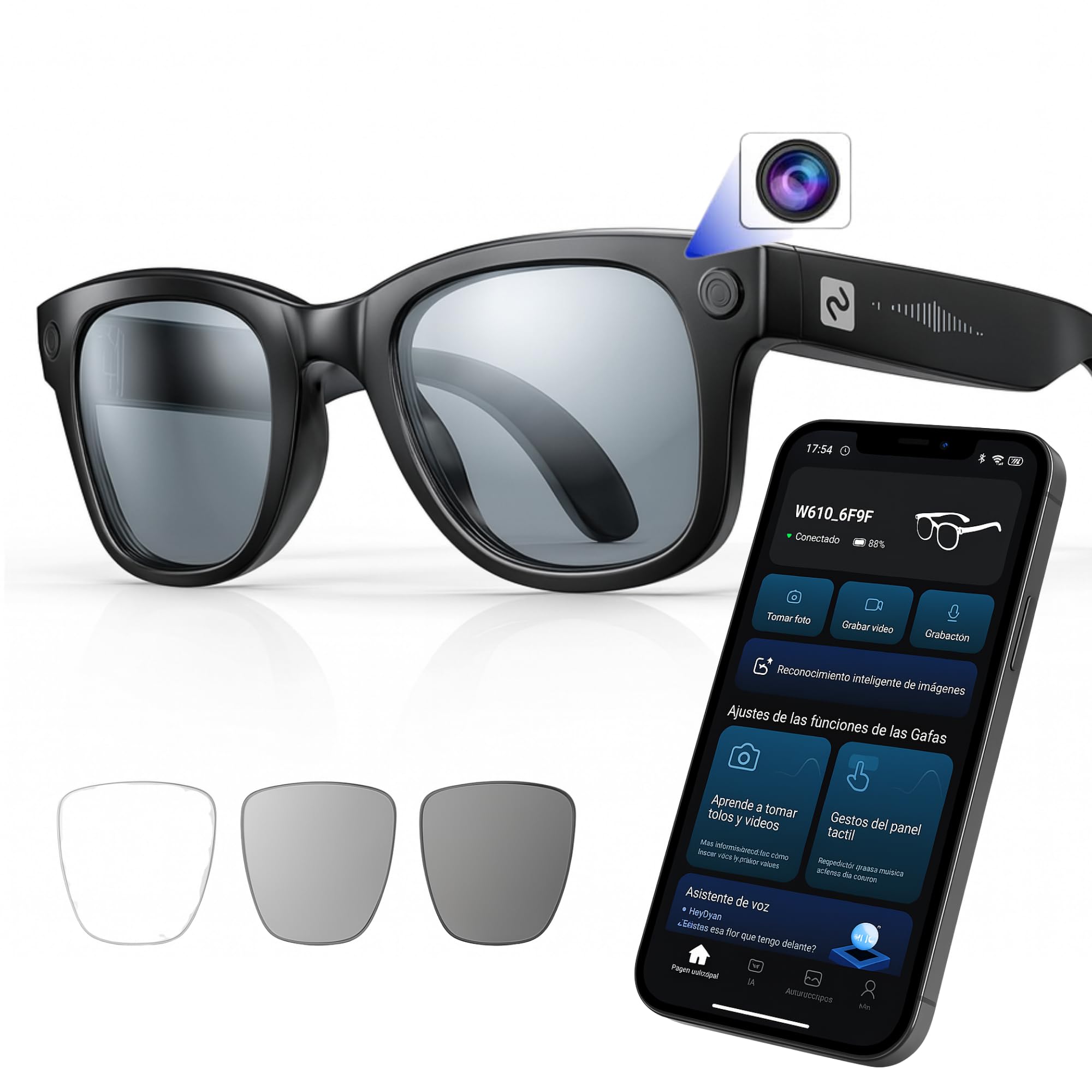 Occhiali Intelligenti AI Con Fotocamera 5MP E Video 1080P - Bluetooth, WiFi, Audio Open Ear E Filtro Luce Blu