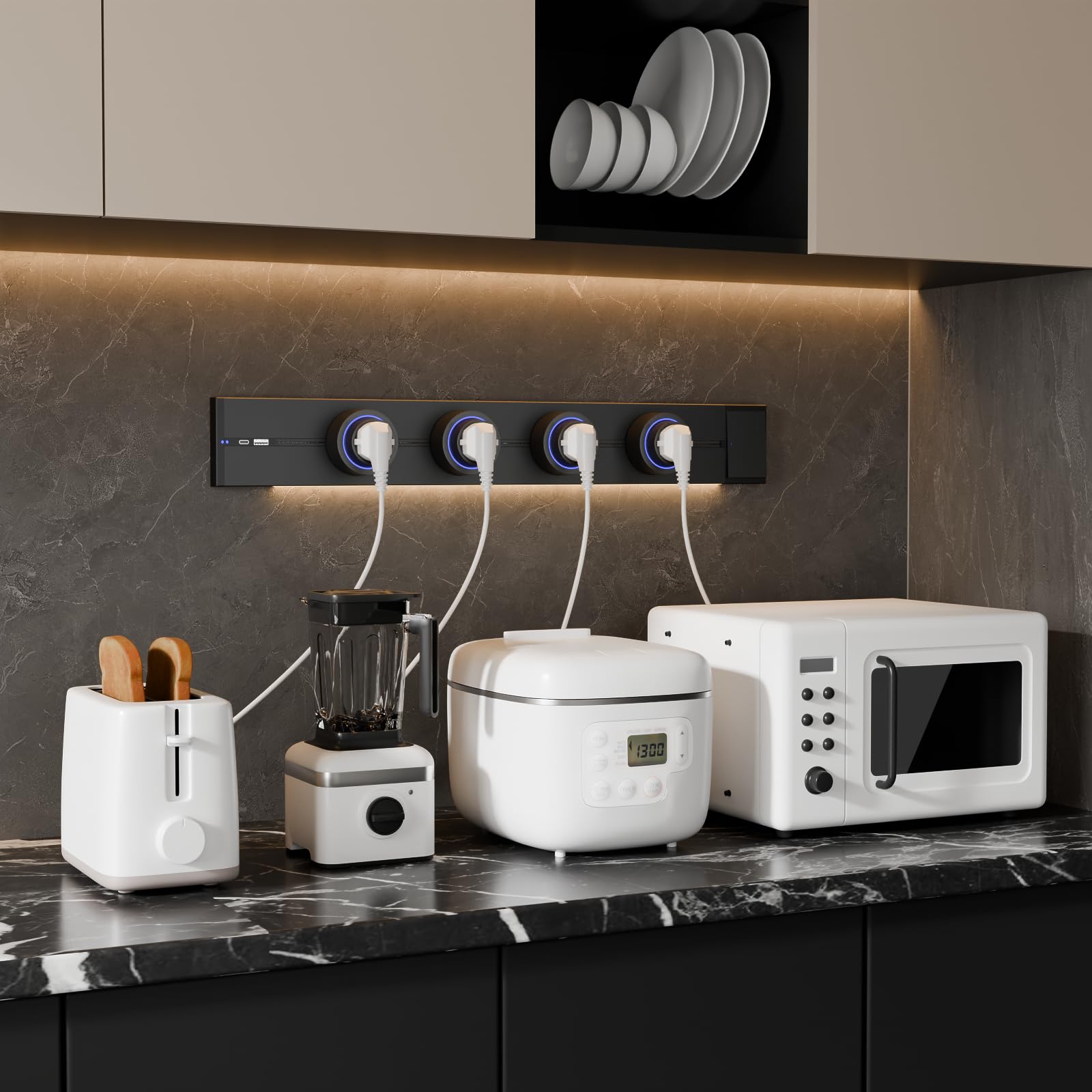 CNBINGO Steckdosenleiste Wandmontage,Stromschiene mit USB Ports Schwarz | Steckdosenschiene mit Schalter,Mehrfachsteckdose mit 4 Steckdosen Adaptern,Aufputz Steckdose für Küche, Büro, Werkstatt