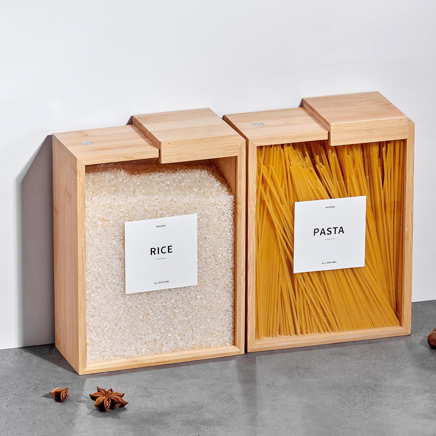 Bamboo Food Storage Container, 75oz /2000ml Clear Food Storage Container, 2Pcs Book-Style Canister for Kitchen, Square Pantry Organization with Labels for Sugar, Nut, Coffee Bean, Cereal, Tea