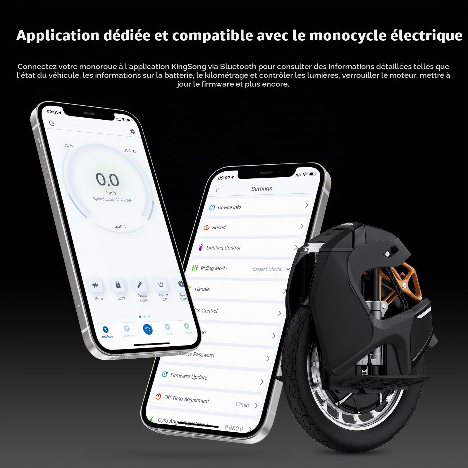 KINGSONG Gyroroue S18 Pro + Noire 1110Wh, Moteur 2200W, Autonomie jusqu'à 80km, Vitesse bridée 25km/h, Pneu 18",