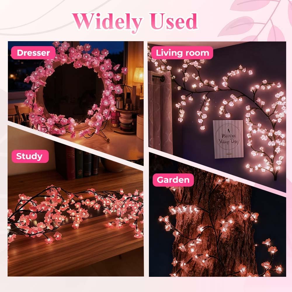 2PCS Cherry Blossom Lights, Artificial Pink Cherry Blossom Garland Tree Lights with Remote, 8 Modes LED Tree Branch Flower Lights Wall Decor, Wall Window Decorations for Valentine Decorations (2)